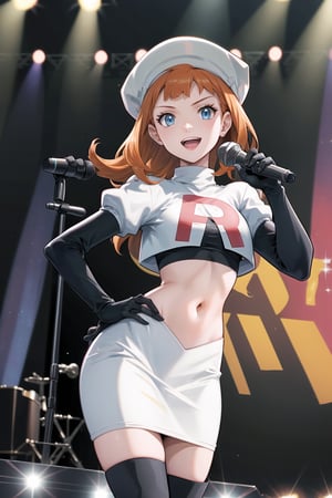 Team Rocket, cropped jacket, white jacket, crop top, jacket, gloves, black gloves, elbow gloves, navel, midriff, white skirt, miniskirt, skirt, black thighhigh boots,looking at viewer, (intricately detailed, hyperdetailed),holding_microphone,microphone,singing,on_stage,standing on stage ,concert background,depth of field, best quality, masterpiece, intricate details, tonemapping, sharp focus, hyper detailed, trending on Artstation,1 girl, high res, official art,evil smile,one hand on hip, annette_war,orange_hair,long_hair