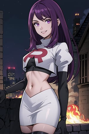 Team Rocket, cropped jacket, white jacket, crop top, jacket, gloves, black gloves, elbow gloves, navel, midriff, white skirt, miniskirt, skirt, black thighhigh boots,military_uniform,looking at viewer, city, night, sky, (intricately detailed, hyperdetailed), burning building background,depth of field, best quality, masterpiece, intricate details, tonemapping, sharp focus, hyper detailed, trending on Artstation,1 girl, high res, official art,evil smile,IVY FE,purple_hair,purple_eyes,long_hair