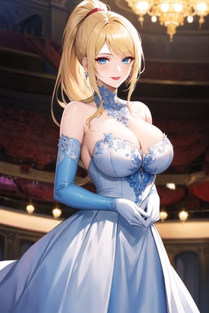 elbow gloves,white_gloves ,blue_dress,long_dress,strapless_dress,long white satin elbow gloves,looking at viewer,  asiática, (intricately detailed, hyperdetailed), ballroom background,depth of field, best quality, masterpiece, intricate details, tonemapping, sharp focus, hyper detailed, trending on Artstation,1 girl, high res, official art,smile, jewelry, long hair, blonde hair, makeup,light_blue_eyes,samus aran,ponytail, hair tie,red_lipstick,purple_eyeshadow