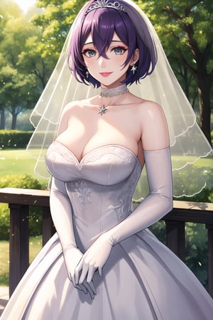 ,grey_eyes,purple-hair,short_hair,warBernie,hair between eyes, ahoge, star \(symbol\), hair ornament, dress, cleavage, bare shoulders, collarbone, long white elbow gloves, white gloves, white dress, white choker, strapless, tiara, veil, strapless dress, wedding dress, bridal veil, beautiful woman, perfect body, perfect breasts, wearing a wedding dress, ball gown,lipstick,makeup ,in the park trees, wedding decorations, a in love smile, realism, masterpiece, textured skin, super detail, high detail, high quality, best quality, 1080p, 16k,