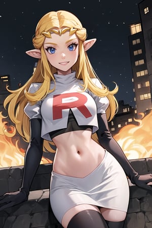 Team Rocket, cropped jacket, white jacket, crop top, jacket, gloves, black gloves, elbow gloves, navel, midriff, white skirt, miniskirt, skirt, black thighhigh boots,military_uniform,looking at viewer, city, night, sky, (intricately detailed, hyperdetailed), burning building background,depth of field, best quality, masterpiece, intricate details, tonemapping, sharp focus, hyper detailed, trending on Artstation,1 girl, high res, official art,evil smile,Ocarina of Time Zelda,blond_hair