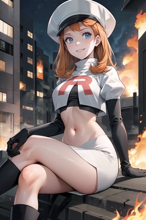 Team Rocket, cropped jacket, white jacket, crop top, jacket, gloves, black gloves, elbow gloves, navel, midriff, white skirt, miniskirt, skirt, black thighhigh boots,military_uniform,white_military_hat,looking at viewer, city, night, sky, (intricately detailed, hyperdetailed), burning building background,depth of field, best quality, masterpiece, intricate details, tonemapping, sharp focus, hyper detailed, trending on Artstation,1 girl, high res, official art,evil smile,crossed_legs_(sitting), annette_war,orange_hair,long_hair