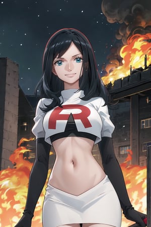 Team Rocket, cropped jacket, white jacket, crop top, jacket, gloves, black gloves, elbow gloves, navel, midriff, white skirt, miniskirt, skirt, black thighhigh boots,military_uniform,looking at viewer, city, night, sky, (intricately detailed, hyperdetailed), burning building background,depth of field, best quality, masterpiece, intricate details, tonemapping, sharp focus, hyper detailed, trending on Artstation,1 girl, high res, official art,evil smile,nicorob,  black_hair,blue_eyes