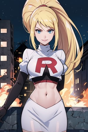 Team Rocket, cropped jacket, white jacket, crop top, jacket, gloves, black gloves, elbow gloves, navel, midriff, white skirt, miniskirt, skirt, black thighhigh boots,military_uniform,looking at viewer, city, night, sky, (intricately detailed, hyperdetailed), burning building background,depth of field, best quality, masterpiece, intricate details, tonemapping, sharp focus, hyper detailed, trending on Artstation,1 girl, high res, official art,evil smile,samus aran,ponytail, hair tie,blond_hair,blue_eyes