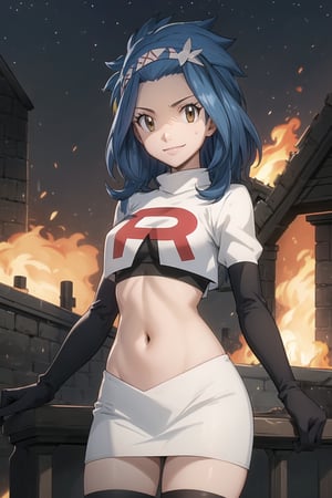 Team Rocket, cropped jacket, white jacket, crop top, jacket, gloves, black gloves, elbow gloves, navel, midriff, white skirt, miniskirt, skirt, black thighhigh boots,military_uniform,looking at viewer, city, night, sky, (intricately detailed, hyperdetailed), burning building background,depth of field, best quality, masterpiece, intricate details, tonemapping, sharp focus, hyper detailed, trending on Artstation,1 girl, high res, official art,evil smile,Levy McGarden,blue_hair,brown_eyes