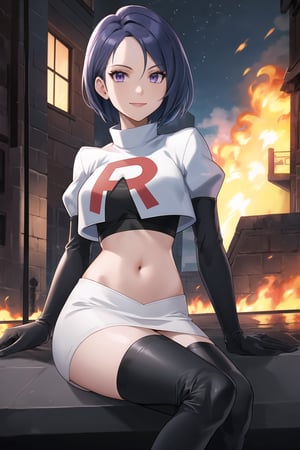 Team Rocket, cropped jacket, white jacket, crop top, jacket, gloves, black gloves, elbow gloves, navel, midriff, white skirt, miniskirt, skirt, black thighhigh boots,military_uniform,looking at viewer, city, night, sky, (intricately detailed, hyperdetailed), burning building background,depth of field, best quality, masterpiece, intricate details, tonemapping, sharp focus, hyper detailed, trending on Artstation,1 girl, high res, official art,sitting_down,crossed_legs_(sitting),evil smile,defShamir, purple_eyes,short_hair