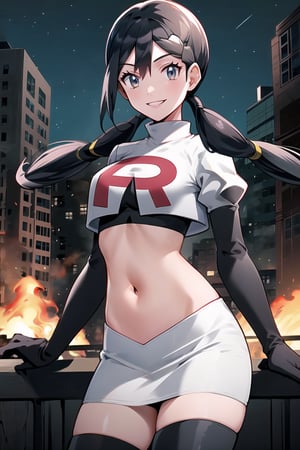 Team Rocket, cropped jacket, white jacket, crop top, jacket, gloves, black gloves, elbow gloves, navel, midriff, white skirt, miniskirt, skirt, black thighhigh boots,military_uniform,looking at viewer, city, night, sky, (intricately detailed, hyperdetailed), burning building background,depth of field, best quality, masterpiece, intricate details, tonemapping, sharp focus, hyper detailed, trending on Artstation,1 girl, high res, official art,evil smile,Candice_PKM,twintails