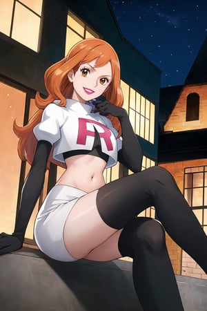 Team Rocket, cropped jacket, white jacket, crop top, jacket, gloves, black gloves, elbow gloves, navel, midriff, white skirt, miniskirt, skirt, black thighhigh boots,military_uniform,looking at viewer, city, night, sky, (intricately detailed, hyperdetailed), burning building background,depth of field, best quality, masterpiece, intricate details, tonemapping, sharp focus, hyper detailed, trending on Artstation,1 girl, high res, official art,evil smile,purple_eyeshadow,pink_lipstick,crossed_legs_(sitting),namipostn,orange_hair,brown_eyes,long_hair