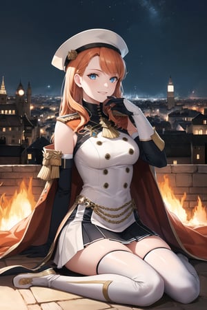 elbow gloves, white skirt, miniskirt, skirt, white_thighhigh_boots,military_uniform,military_hat,long white elbow gloves,sleeveless ,no_sleeves,shoulder_cape,looking at viewer, city, night, sky, (intricately detailed, hyperdetailed), burning building background,depth of field, best quality, masterpiece, intricate details, tonemapping, sharp focus, hyper detailed, trending on Artstation,1 girl, high res, official art,evil smile,crossed_legs_(sitting),sitting_on,light_blue_eyes,warAnne, long hair, wavy hair,orange_hair