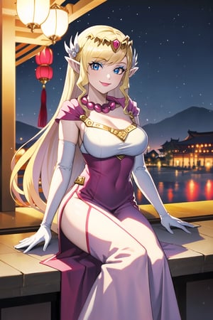 elbow gloves,white_gloves ,dress,long_dress,long white elbow gloves,looking at viewer, china, asiática, night, sky, (intricately detailed, hyperdetailed), castle background,depth of field, best quality, masterpiece, intricate details, tonemapping, sharp focus, hyper detailed, trending on Artstation,1 girl, high res, official art,smile, jewelry,toon zelda, long hair, blonde hair, pointy ears, makeup,light_blue_eyes,breasts