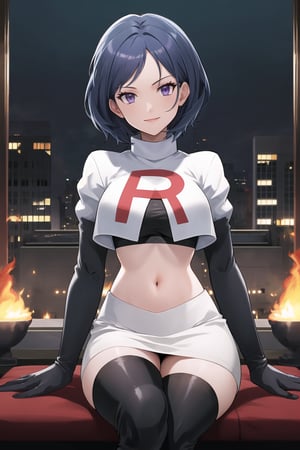 Team Rocket, cropped jacket, white jacket, crop top, jacket, gloves, black gloves, elbow gloves, navel, midriff, white skirt, miniskirt, skirt, black thighhigh boots,military_uniform,looking at viewer, city, night, sky, (intricately detailed, hyperdetailed), burning building background,depth of field, best quality, masterpiece, intricate details, tonemapping, sharp focus, hyper detailed, trending on Artstation,1 girl, high res, official art,sitting_down,crossed_legs_(sitting),evil smile,defShamir, purple_eyes,short_hair