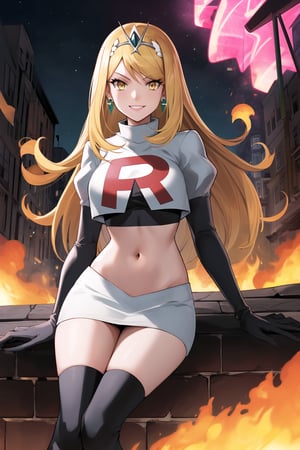 Team Rocket, cropped jacket, white jacket, crop top, jacket, gloves, black gloves, elbow gloves, navel, midriff, white skirt, miniskirt, skirt, black thighhigh boots,military_uniform,looking at viewer, city, night, sky, (intricately detailed, hyperdetailed), burning building background,depth of field, best quality, masterpiece, intricate details, tonemapping, sharp focus, hyper detailed, trending on Artstation,1 girl, high res, official art,evil smile,crossed_legs_(sitting),mythradef, tiara, earrings,yellow_eyes,blond_hair