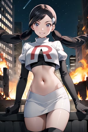 Team Rocket, cropped jacket, white jacket, crop top, jacket, gloves, black gloves, elbow gloves, navel, midriff, white skirt, miniskirt, skirt, black thighhigh boots,military_uniform,looking at viewer, city, night, sky, (intricately detailed, hyperdetailed), burning building background,depth of field, best quality, masterpiece, intricate details, tonemapping, sharp focus, hyper detailed, trending on Artstation,1 girl, high res, official art,evil smile,Candice_PKM,twintails,hair_ties