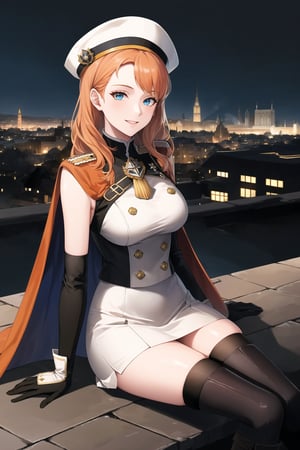 elbow gloves, white skirt, miniskirt, skirt, black thighhigh boots,military_uniform,military_hat,long white elbow gloves,sleeveless ,no_sleeves,shoulder_cape,looking at viewer, city, night, sky, (intricately detailed, hyperdetailed), burning building background,depth of field, best quality, masterpiece, intricate details, tonemapping, sharp focus, hyper detailed, trending on Artstation,1 girl, high res, official art,evil smile,crossed_legs_(sitting),light_blue_eyes,warAnne, long hair, wavy hair,orange_hair