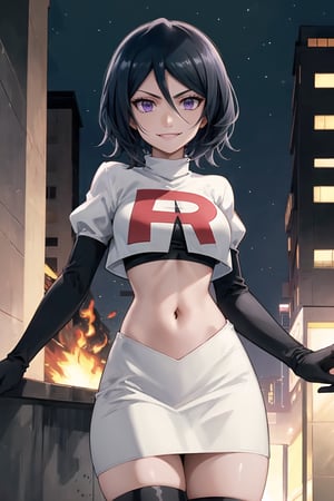 Team Rocket, cropped jacket, white jacket, crop top, jacket, gloves, black gloves, elbow gloves, navel, midriff, white skirt, miniskirt, skirt, black thighhigh boots,military_uniform,looking at viewer, city, night, sky, (intricately detailed, hyperdetailed), burning building background,depth of field, best quality, masterpiece, intricate details, tonemapping, sharp focus, hyper detailed, trending on Artstation,1 girl, high res, official art,evil smile,Rukia, black hair, short hair, hair between eyes, purple eyes