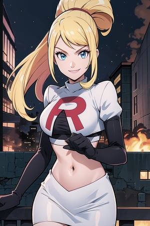 Team Rocket, cropped jacket, white jacket, crop top, jacket, gloves, black gloves, elbow gloves, navel, midriff, white skirt, miniskirt, skirt, black thighhigh boots,military_uniform,looking at viewer, city, night, sky, (intricately detailed, hyperdetailed), burning building background,depth of field, best quality, masterpiece, intricate details, tonemapping, sharp focus, hyper detailed, trending on Artstation,1 girl, high res, official art,evil smile,samus aran,ponytail, hair tie,blond_hair,blue_eyes