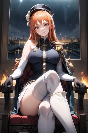 elbow gloves, white skirt, miniskirt, skirt, white_thighhigh_boots,military_uniform,military_hat,white_elbow_gloves,sleeveless ,no_sleeves,shoulder_cape,looking at viewer, city, night, sky, (intricately detailed, hyperdetailed), burning building background,depth of field, best quality, masterpiece, intricate details, tonemapping, sharp focus, hyper detailed, trending on Artstation,1 girl, high res, official art,evil smile,sitting_down,crossed_legs_(sitting),sitting_on_chair, jewelry,orange_hair,brown_eyes,long_hair, nami_(one_piece)