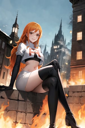 Team Rocket, cropped jacket, white jacket, crop top, jacket, gloves, black gloves, elbow gloves, navel, midriff, white skirt, miniskirt, skirt, black thighhigh boots,military_uniform,looking at viewer, city, night, sky, (intricately detailed, hyperdetailed), burning building background,depth of field, best quality, masterpiece, intricate details, tonemapping, sharp focus, hyper detailed, trending on Artstation,1 girl, high res, official art,evil smile,crossed_legs_(sitting),namipostn,orange_hair,brown_eyes,long_hair,nami \(one piece\)