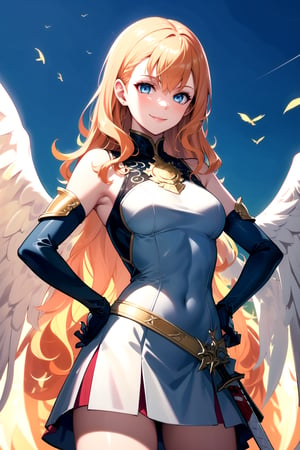 golden_armour,angel_wings,flying,holding_sword,shoulder_armour,Valkyare_armour,heroine,elbow gloves, white skirt,miniskirt, skirt,long white elbow gloves,sleeveless ,no_sleeves,looking at viewer, day sky, (intricately detailed, hyperdetailed), castle building background,depth of field, best quality, masterpiece, intricate details, tonemapping, sharp focus, hyper detailed, trending on Artstation,1 girl, high res, official art, smile,hands_on_hips,light_blue_eyes,warAnne, long hair, wavy hair,orange_hair