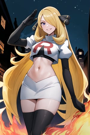 Team Rocket, cropped jacket, white jacket, crop top, jacket, gloves, black gloves, elbow gloves, navel, midriff, white skirt, miniskirt, skirt, black thighhigh boots,military_uniform,looking at viewer, city, night, sky, (intricately detailed, hyperdetailed), burning building background,depth of field, best quality, masterpiece, intricate details, tonemapping, sharp focus, hyper detailed, trending on Artstation,1 girl, high res, official art,evil smile,salute,defCynthia, very long hair, hair ornament