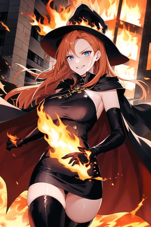 In a cityscape ablaze at night, an evil sorceress stands defiantly against flames engulfing a burning building. Donning white military attire, complete with hat, elbow gloves, and cape, her orange hair mirrors the inferno's intensity. Her blue eyes gleam malevolently as she gazes directly at the viewer, sleeveless shoulders capped by flowing cape. Miniskirt over thigh-high boots creates an incongruous juxtaposition of innocence and menace. Warm, orange-hued light bathes the scene, with smoke billowing from the building and subtle texture on gloves. Sharp focus draws attention to her evil smile and piercing eyes, shallow depth of field emphasizing her menacing presence.