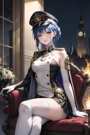 elbow gloves, white skirt, miniskirt, skirt, white_thighhigh_boots,military_uniform,military_hat,white_elbow_gloves,sleeveless ,no_sleeves,shoulder_cape,looking at viewer, city, night, sky, (intricately detailed, hyperdetailed), burning building background,depth of field, best quality, masterpiece, intricate details, tonemapping, sharp focus, hyper detailed, trending on Artstation,1 girl, high res, official art,evil smile,sitting_down,crossed_legs_(sitting),sitting_on_chair, jewelry,marianneuniform, crown braid,blue_hair,brown_eyes