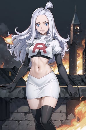 Team Rocket, cropped jacket, white jacket, crop top, jacket, gloves, black gloves, elbow gloves, navel, midriff, white skirt, miniskirt, skirt, black thighhigh boots,military_uniform,looking at viewer, city, night, sky, (intricately detailed, hyperdetailed), burning building background,depth of field, best quality, masterpiece, intricate details, tonemapping, sharp focus, hyper detailed, trending on Artstation,1 girl, high res, official art,evil smile,mirajanestrauss, long hair, blue eyes, white hair, forehead,hair_tie