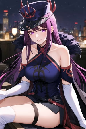 elbow gloves, white skirt, miniskirt, skirt, black thighhigh boots,military_uniform,military_hat,long white elbow gloves,sleeveless ,no_sleeves,shoulder_cape,looking at viewer, china, asiática, city, night, sky, (intricately detailed, hyperdetailed), blurry background,depth of field, best quality, masterpiece, intricate details, tonemapping, sharp focus, hyper detailed, trending on Artstation,1 girl, high res, official art,evil smile,crossed_legs_(sitting),IVY FE,purple_eyes,purple_hair