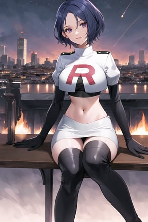 Team Rocket, cropped jacket, white jacket, crop top, jacket, gloves, black gloves, elbow gloves, navel, midriff, white skirt, miniskirt, skirt, black thighhigh boots,military_uniform,looking at viewer, city, night, sky, (intricately detailed, hyperdetailed), burning building background,depth of field, best quality, masterpiece, intricate details, tonemapping, sharp focus, hyper detailed, trending on Artstation,1 girl, high res, official art,sitting_down,crossed_legs_(sitting),evil smile,defShamir, purple_eyes,short_hair