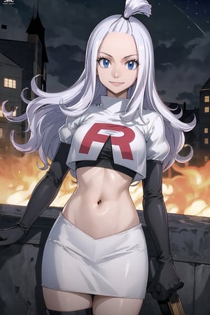 Team Rocket, cropped jacket, white jacket, crop top, jacket, gloves, black gloves, elbow gloves, navel, midriff, white skirt, miniskirt, skirt, black thighhigh boots,military_uniform,looking at viewer, city, night, sky, (intricately detailed, hyperdetailed), burning building background,depth of field, best quality, masterpiece, intricate details, tonemapping, sharp focus, hyper detailed, trending on Artstation,1 girl, high res, official art,evil smile,mirajanestrauss, long hair, blue eyes, white hair, forehead,hair_tie