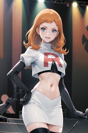 Team Rocket, cropped jacket, white jacket, crop top, jacket, gloves, black gloves, elbow gloves, navel, midriff, white skirt, miniskirt, skirt, black thighhigh boots,looking at viewer, (intricately detailed, hyperdetailed),holding_microphone,microphone,singing,on_stage ,concert background,depth of field, best quality, masterpiece, intricate details, tonemapping, sharp focus, hyper detailed, trending on Artstation,1 girl, high res, official art,evil smile,one hand on hip, annette_war,orange_hair,long_hair