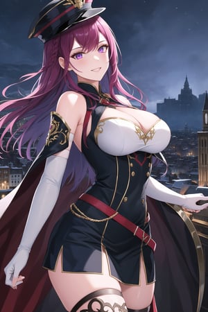 elbow gloves, white skirt, miniskirt, skirt, black thighhigh boots,white_military_uniform,white_military_hat,long white elbow gloves,sleeveless ,no_sleeves,shoulder_cape,looking at viewer, city, night, sky, (intricately detailed, hyperdetailed), frozen building background,depth of field, best quality, masterpiece, intricate details, tonemapping, sharp focus, hyper detailed, trending on Artstation,1 girl, high res, official art,evil smile,purple_eyes,IVY FE,purple-hair