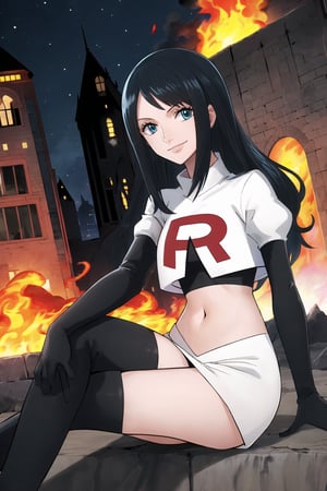 Team Rocket, cropped jacket, white jacket, crop top, jacket, gloves, black gloves, elbow gloves, navel, midriff, white skirt, miniskirt, skirt, black thighhigh boots,military_uniform,looking at viewer, city, night, sky, (intricately detailed, hyperdetailed), burning building background,depth of field, best quality, masterpiece, intricate details, tonemapping, sharp focus, hyper detailed, trending on Artstation,1 girl, high res, official art,evil smile,crossed_legs_(sitting),nicorob,  black_hair,blue_eyes