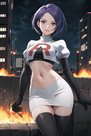 Team Rocket, cropped jacket, white jacket, crop top, jacket, gloves, black gloves, elbow gloves, navel, midriff, white skirt, miniskirt, skirt, black thighhigh boots,military_uniform,looking at viewer, city, night, sky, (intricately detailed, hyperdetailed), burning building background,depth of field, best quality, masterpiece, intricate details, tonemapping, sharp focus, hyper detailed, trending on Artstation,1 girl, high res, official art,evil smile,defShamir, purple_eyes,short_hair