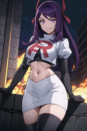 Team Rocket, cropped jacket, white jacket, crop top, jacket, gloves, black gloves, elbow gloves, navel, midriff, white skirt, miniskirt, skirt, black thighhigh boots,military_uniform,looking at viewer, city, night, sky, (intricately detailed, hyperdetailed), burning building background,depth of field, best quality, masterpiece, intricate details, tonemapping, sharp focus, hyper detailed, trending on Artstation,1 girl, high res, official art,evil smile,IVY FE,purple_hair,purple_eyes,long_hair