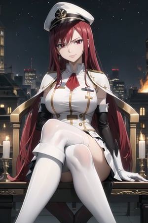 elbow gloves, white skirt, miniskirt, skirt, white_thighhigh_boots,military_uniform,military_hat,white_elbow_gloves,sleeveless ,no_sleeves,shoulder_cape,looking at viewer, city, night, sky, (intricately detailed, hyperdetailed), burning building background,depth of field, best quality, masterpiece, intricate details, tonemapping, sharp focus, hyper detailed, trending on Artstation,1 girl, high res, official art,evil smile,sitting_down,crossed_legs_(sitting),sitting_on_chair, jewelry,FAIRYTAIL_ERZA,red_hair