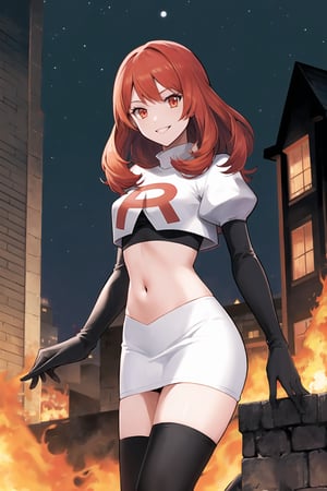 Team Rocket, cropped jacket, white jacket, crop top, jacket, gloves, black gloves, elbow gloves, navel, midriff, white skirt, miniskirt, skirt, black thighhigh boots,military_uniform,looking at viewer, city, night, sky, (intricately detailed, hyperdetailed), burning building background,depth of field, best quality, masterpiece, intricate details, tonemapping, sharp focus, hyper detailed, trending on Artstation,1 girl, high res, official art,evil smile,standing,celica fe,red_hair,red_eyes