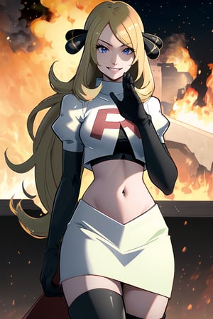 Team Rocket, cropped jacket, white jacket, crop top, jacket, gloves, black gloves, elbow gloves, navel, midriff, white skirt, miniskirt, skirt, black thighhigh boots,military_uniform,looking at viewer, city, night, sky, (intricately detailed, hyperdetailed), burning building background,depth of field, best quality, masterpiece, intricate details, tonemapping, sharp focus, hyper detailed, trending on Artstation,1 girl, high res, official art,evil smile,salute,defCynthia, very long hair, hair ornament