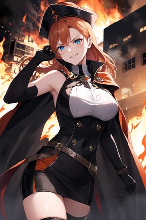 In a cityscape ablaze at night, an evil sorceress stands defiantly against flames engulfing a burning building. Donning white military attire, complete with hat, elbow gloves, and cape, her orange hair mirrors the inferno's intensity. Her blue eyes gleam malevolently as she gazes directly at the viewer, sleeveless shoulders capped by flowing cape. Miniskirt over thigh-high boots creates an incongruous juxtaposition of innocence and menace. Warm, orange-hued light bathes the scene, with smoke billowing from the building and subtle texture on gloves. Sharp focus draws attention to her evil smile and piercing eyes, shallow depth of field emphasizing her menacing presence.