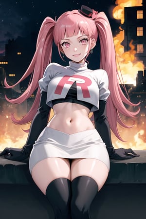 Team Rocket, cropped jacket, white jacket, crop top, jacket, gloves, black gloves, elbow gloves, navel, midriff, white skirt, miniskirt, skirt, black thighhigh boots,military_uniform,white_military_hat,looking at viewer, city, night, sky, (intricately detailed, hyperdetailed), burning building background,depth of field, best quality, masterpiece, intricate details, tonemapping, sharp focus, hyper detailed, trending on Artstation,1 girl, high res, official art,evil smile,crossed_legs_(sitting),hilda_valentine_goneril, pink hair, long hair, pink eyes, twintails, jewelry 