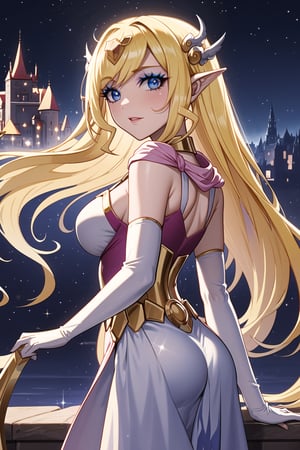 A stunning masterpiece of a scene set against the backdrop of a majestic Chinese-inspired castle at night. A lone figure, a blonde-haired beauty with pointed ears and striking light blue eyes, gazes directly at the viewer. She wears an intricately detailed long white dress and matching elbow gloves that sparkle like diamonds in the dimly lit atmosphere. Her hair flows down her back like a golden waterfall, and her makeup is expertly applied to accentuate her features. The sky above is a deep shade of indigo, with stars twinkling like diamonds scattered across the fabric of the universe. The depth of field is masterfully managed, with the subject sharply focused and the castle's turrets and towers fading into the background. This artwork exudes a sense of fantasy and wonder, as if plucked straight from the pages of a beloved fairy tale.