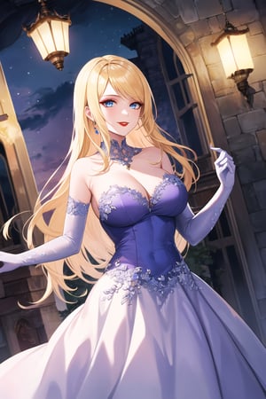 elbow gloves,white_gloves ,blue_dress,long_dress,strapless_dress,long white satin elbow gloves,looking at viewer,  asiática, night, sky, (intricately detailed, hyperdetailed), castle background,depth of field, best quality, masterpiece, intricate details, tonemapping, sharp focus, hyper detailed, trending on Artstation,1 girl, high res, official art,smile, jewelry, long hair, blonde hair, makeup,light_blue_eyes,samus aran,hair_down,red_lipstick,purple_eyeshadow