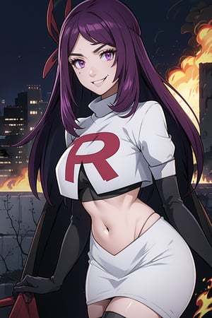 Team Rocket, cropped jacket, white jacket, crop top, jacket, gloves, black gloves, elbow gloves, navel, midriff, white skirt, miniskirt, skirt, black thighhigh boots,military_uniform,looking at viewer, city, night, sky, (intricately detailed, hyperdetailed), burning building background,depth of field, best quality, masterpiece, intricate details, tonemapping, sharp focus, hyper detailed, trending on Artstation,1 girl, high res, official art,evil smile,IVY FE,purple_hair,purple_eyes,long_hair,beauty_mark