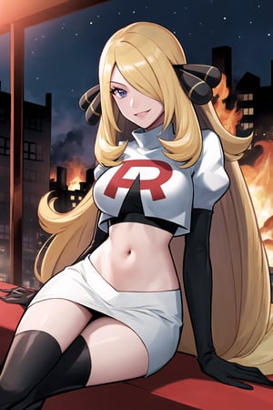 Team Rocket, cropped jacket, white jacket, crop top, jacket, gloves, black gloves, elbow gloves, navel, midriff, white skirt, miniskirt, skirt, black thighhigh boots,military_uniform,looking at viewer, city, night, sky, (intricately detailed, hyperdetailed), burning building background,depth of field, best quality, masterpiece, intricate details, tonemapping, sharp focus, hyper detailed, trending on Artstation,1 girl, high res, official art,evil smile,crossed_legs_(sitting),defCynthia, very long hair, hair ornament