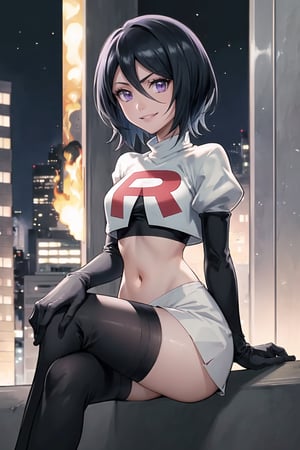 Team Rocket, cropped jacket, white jacket, crop top, jacket, gloves, black gloves, elbow gloves, navel, midriff, white skirt, miniskirt, skirt, black thighhigh boots,military_uniform,looking at viewer, city, night, sky, (intricately detailed, hyperdetailed), burning building background,depth of field, best quality, masterpiece, intricate details, tonemapping, sharp focus, hyper detailed, trending on Artstation,1 girl, high res, official art,evil smile,crossed_legs_(sitting),Rukia, black hair, short hair, hair between eyes, purple eyes