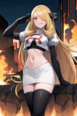 Team Rocket, cropped jacket, white jacket, crop top, jacket, gloves, black gloves, elbow gloves, navel, midriff, white skirt, miniskirt, skirt, black thighhigh boots,military_uniform,looking at viewer, city, night, sky, (intricately detailed, hyperdetailed), burning building background,depth of field, best quality, masterpiece, intricate details, tonemapping, sharp focus, hyper detailed, trending on Artstation,1 girl, high res, official art,evil smile,salute,defCynthia, very long hair, hair ornament