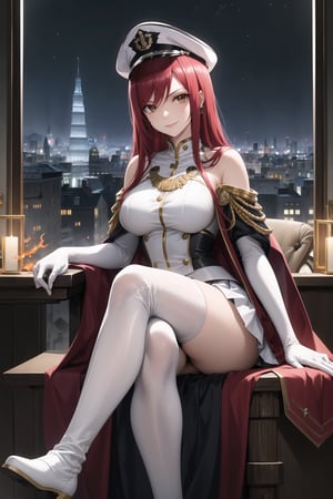 elbow gloves, white skirt, miniskirt, skirt, white_thighhigh_boots,military_uniform,military_hat,white_elbow_gloves,sleeveless ,no_sleeves,shoulder_cape,looking at viewer, city, night, sky, (intricately detailed, hyperdetailed), burning building background,depth of field, best quality, masterpiece, intricate details, tonemapping, sharp focus, hyper detailed, trending on Artstation,1 girl, high res, official art,evil smile,sitting_down,crossed_legs_(sitting),sitting_on_chair, jewelry,FAIRYTAIL_ERZA,red_hair,brown_eyes