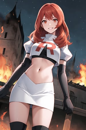 Team Rocket, cropped jacket, white jacket, crop top, jacket, gloves, black gloves, elbow gloves, navel, midriff, white skirt, miniskirt, skirt, black thighhigh boots,military_uniform,looking at viewer, city, night, sky, (intricately detailed, hyperdetailed), burning building background,depth of field, best quality, masterpiece, intricate details, tonemapping, sharp focus, hyper detailed, trending on Artstation,1 girl, high res, official art,evil smile,standing,celica fe,red_hair,red_eyes