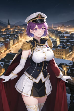 elbow gloves, white skirt, miniskirt, skirt, black thighhigh boots,white_gloves,white_military_uniform,white_military_hat,long white elbow gloves,sleeveless ,no_sleeves,shoulder_cape,looking at viewer, city, night, sky, (intricately detailed, hyperdetailed), frozen building background,depth of field, best quality, masterpiece, intricate details, tonemapping, sharp focus, hyper detailed, trending on Artstation,1 girl, high res, official art,evil smile,purple_eyes,purple-hair,defBernie,short_hair