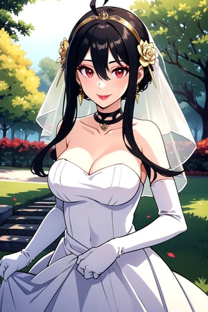 hair between eyes, ahoge, white_hair, star \(symbol\), hair ornament, dress, cleavage, bare shoulders, collarbone, long white elbow gloves, white gloves, white dress, white choker, strapless, tiara, veil, strapless dress, wedding dress, bridal veil, beautiful woman, perfect body, perfect breasts, wearing a wedding dress, ball gown,lipstick,makeup ,in the park trees, wedding decorations, a in love smile, realism, masterpiece, textured skin, super detail, high detail, high quality, best quality, 1080p, 16k,bbyorf, short hair with long locks, red eyes, gold earrings,black_hair